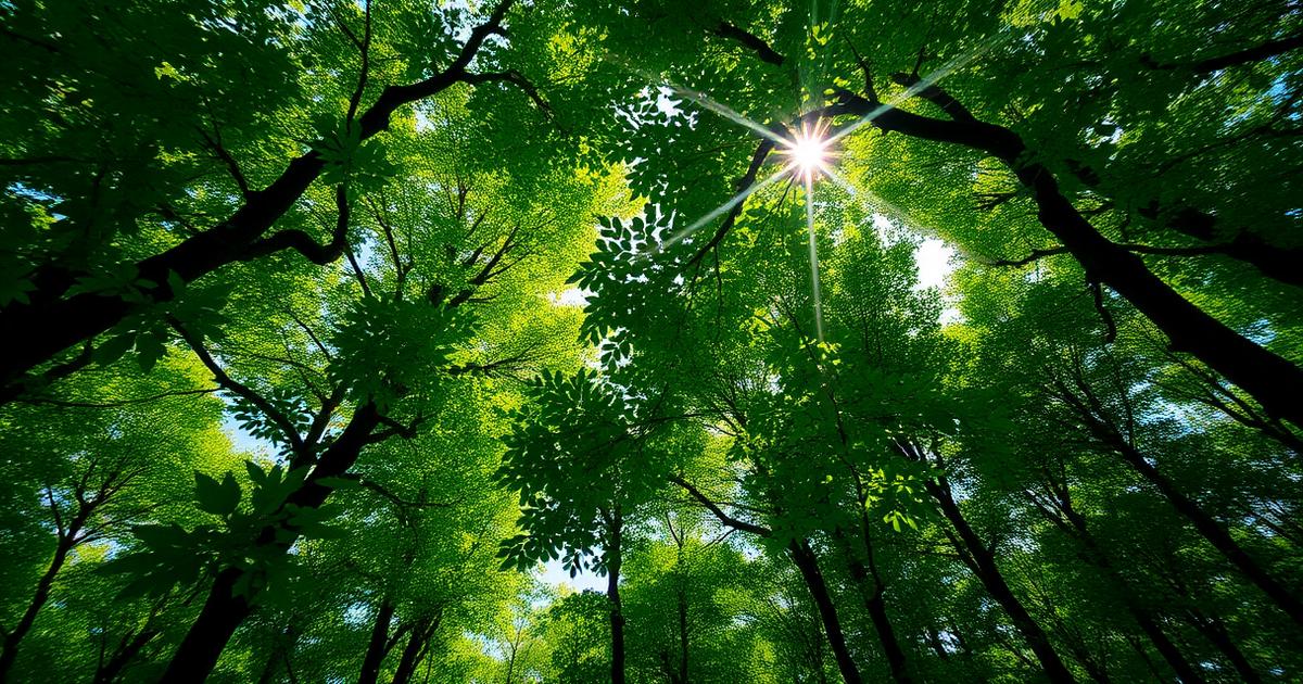 Sunlight through a lush green forest canopy