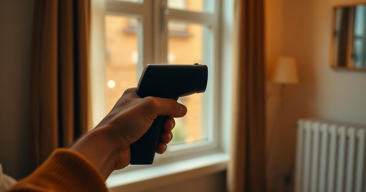 Person using an infrared thermometer to check window insulation