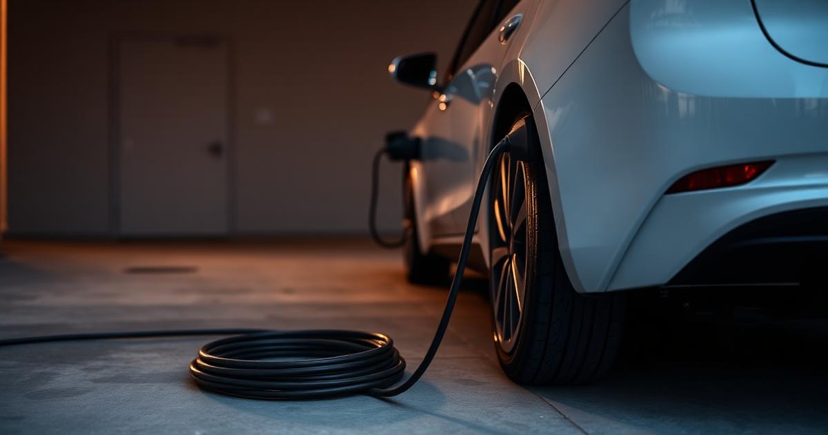 Electric car plugged in at home garage with charging cable