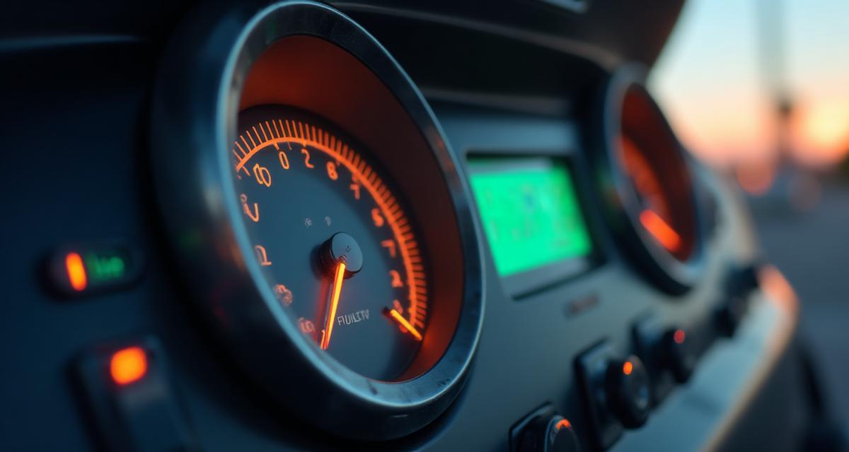 Car dashboard fuel gauge showing MPG and L/100km efficiency readings