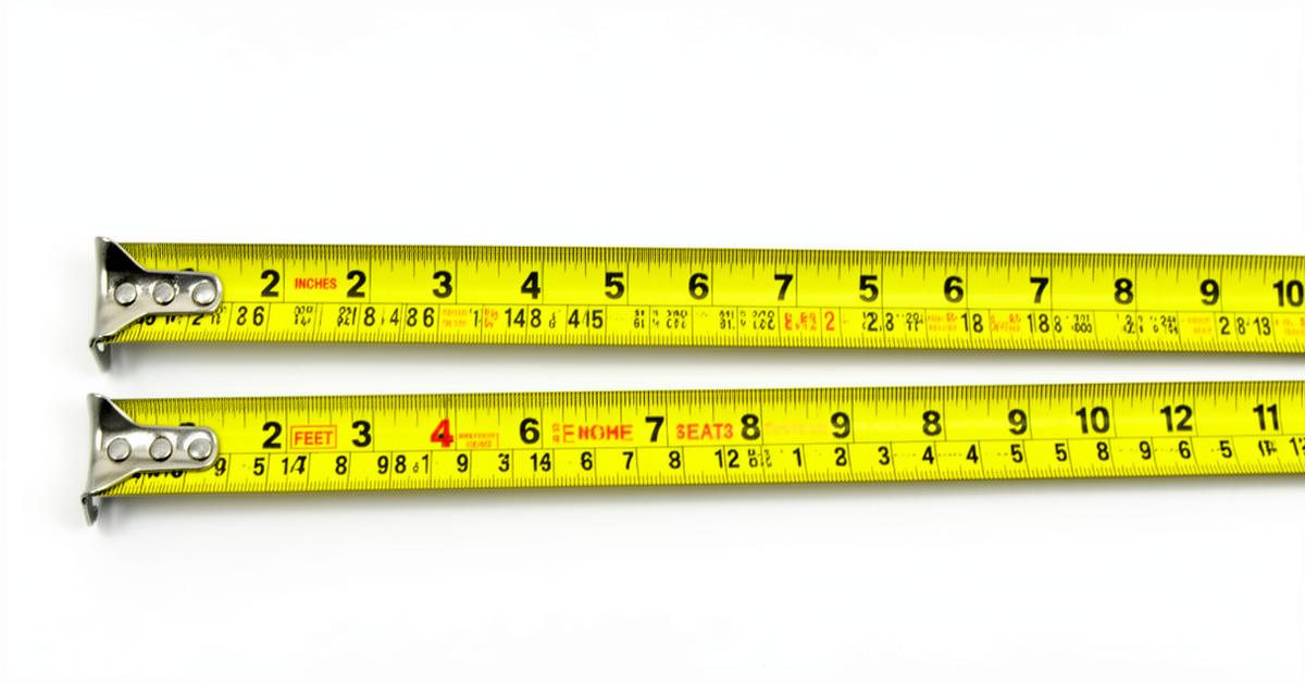 Two imperial tape measures side by side showing inches and feet markings