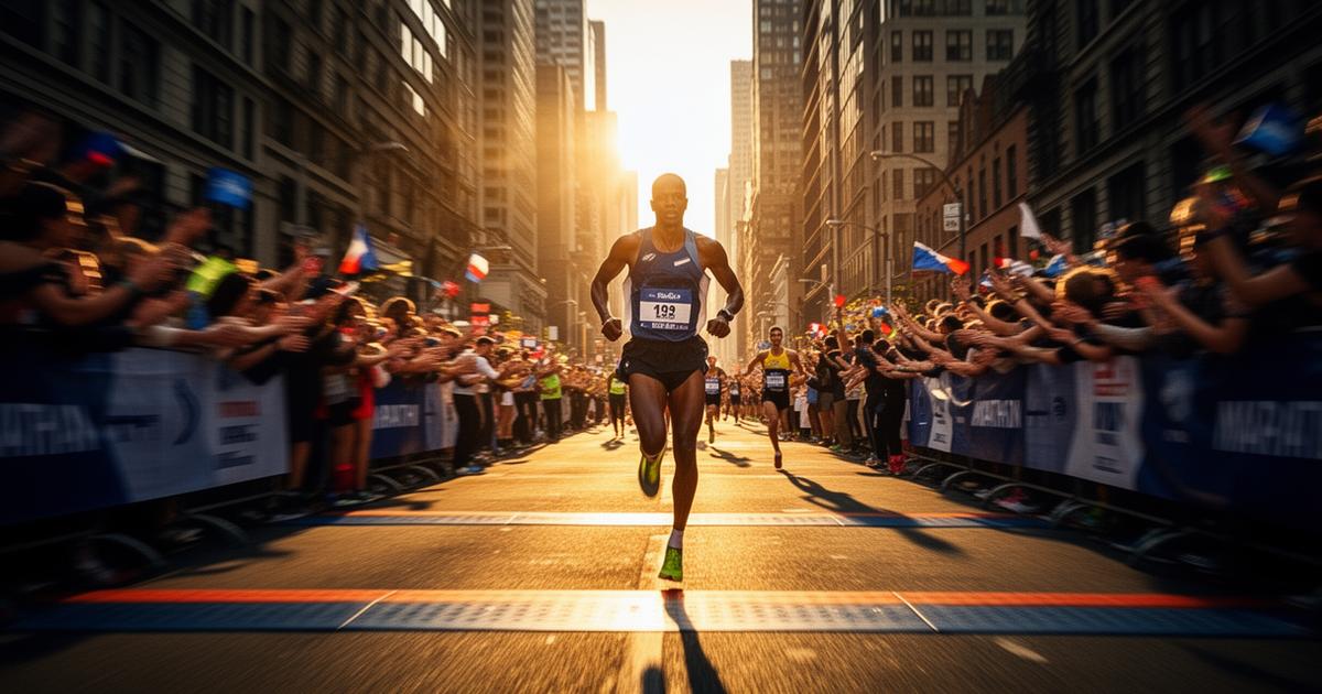 Marathon runner crossing the finish line in a city race, athletic performance and body weight in sport