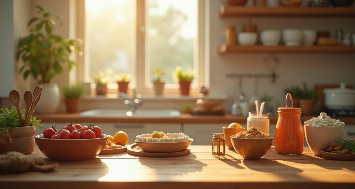 Kitchen measuring cups and digital scale with baking ingredients