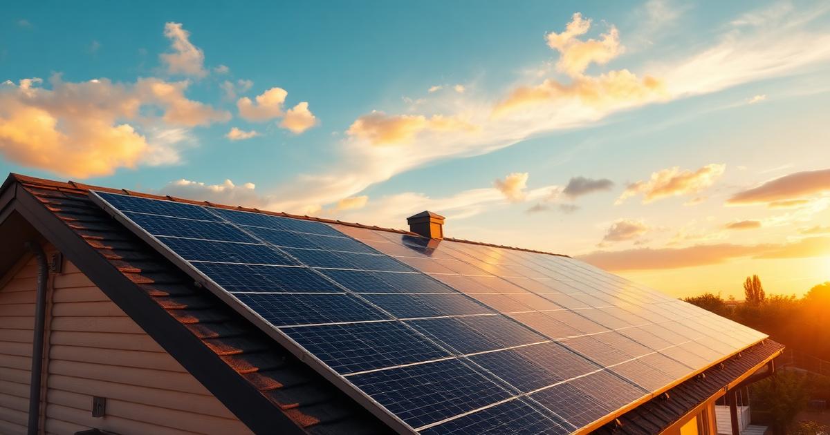 Modern residential rooftop with solar panels at golden hour