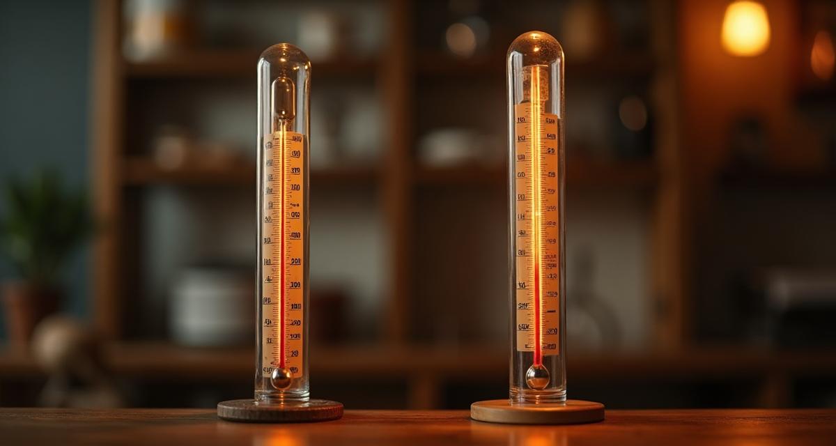 Vintage thermometers showing different temperature scales in warm lighting