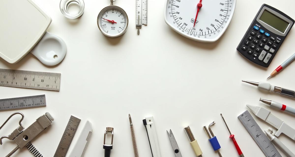 Collection of measuring tools including rulers, scales, and thermometers for unit conversion