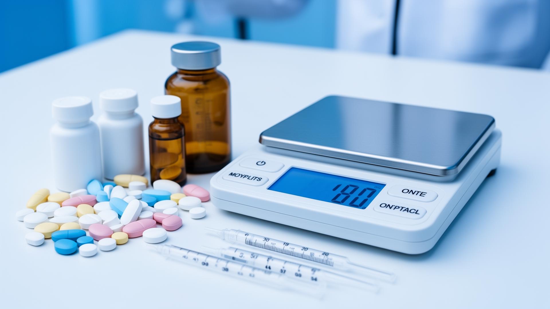 Medical pharmaceutical setting with pills, medicine bottles, and precision scale