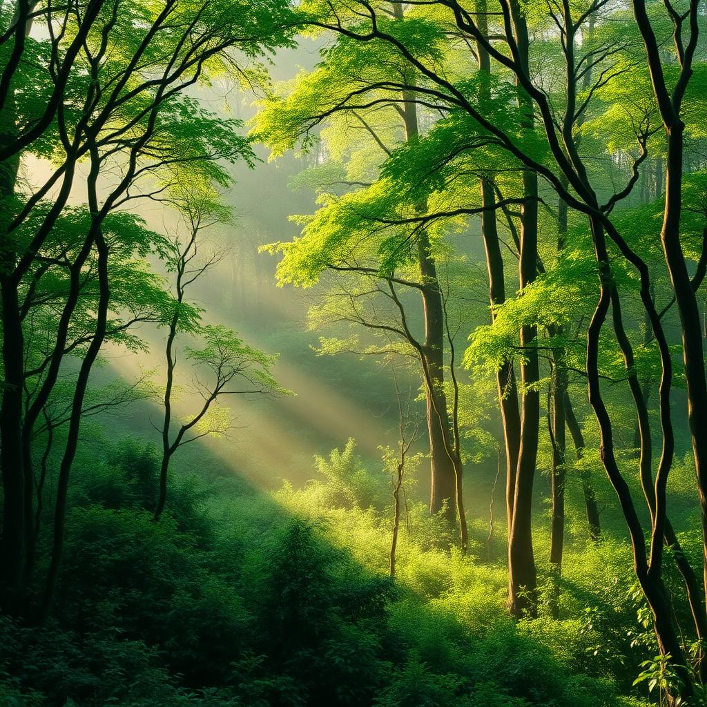 Lush green forest with morning mist representing carbon capture