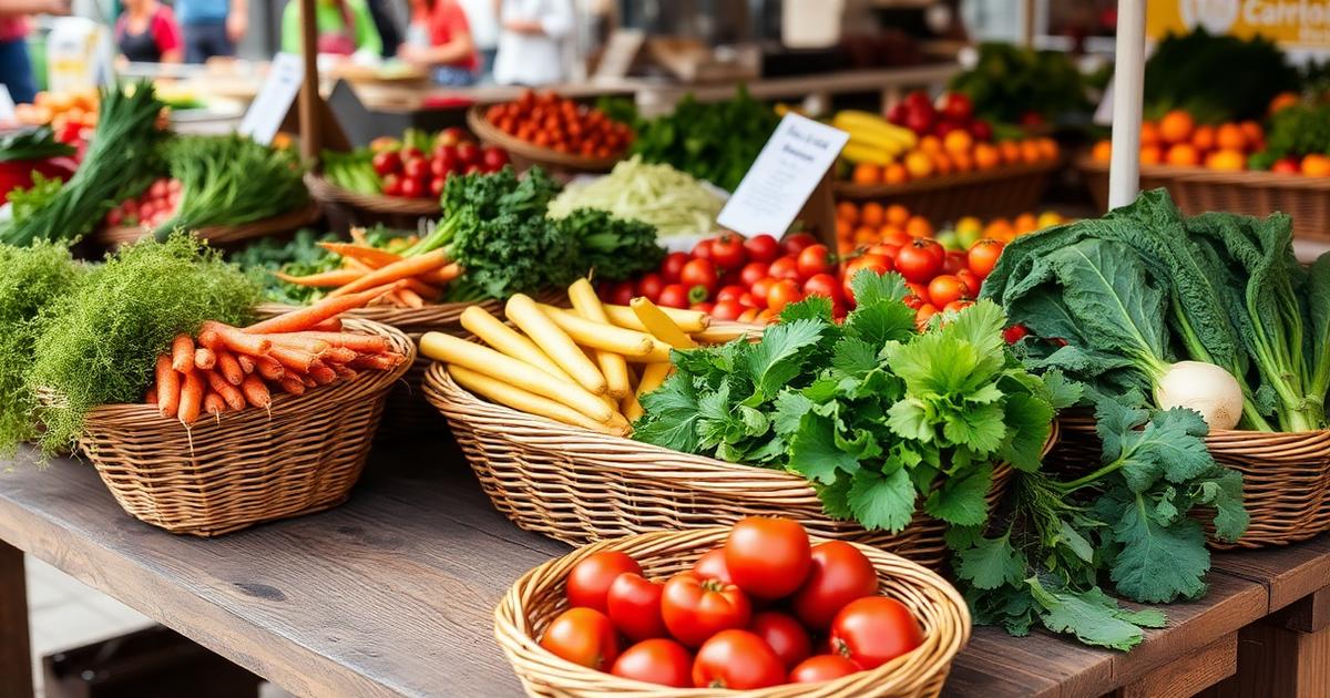 Seasonal vegetables and greens displayed at a farmers market