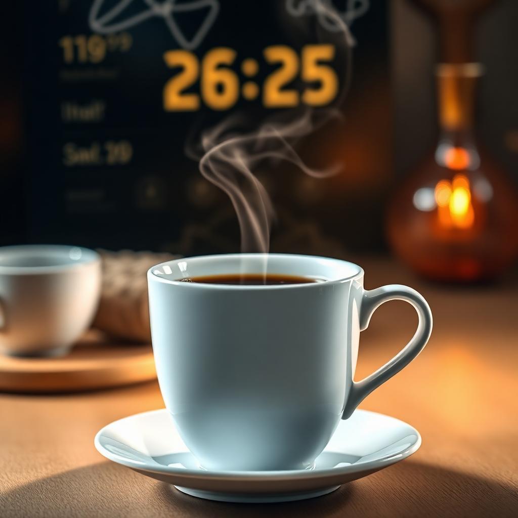 Hot coffee cup with steam and digital weather display showing temperature