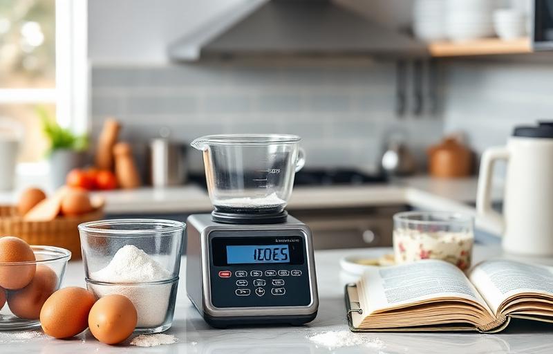 Professional kitchen with digital scale and measuring equipment
