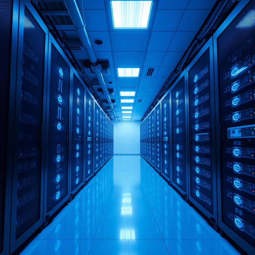 Data center server room with blue LED lights