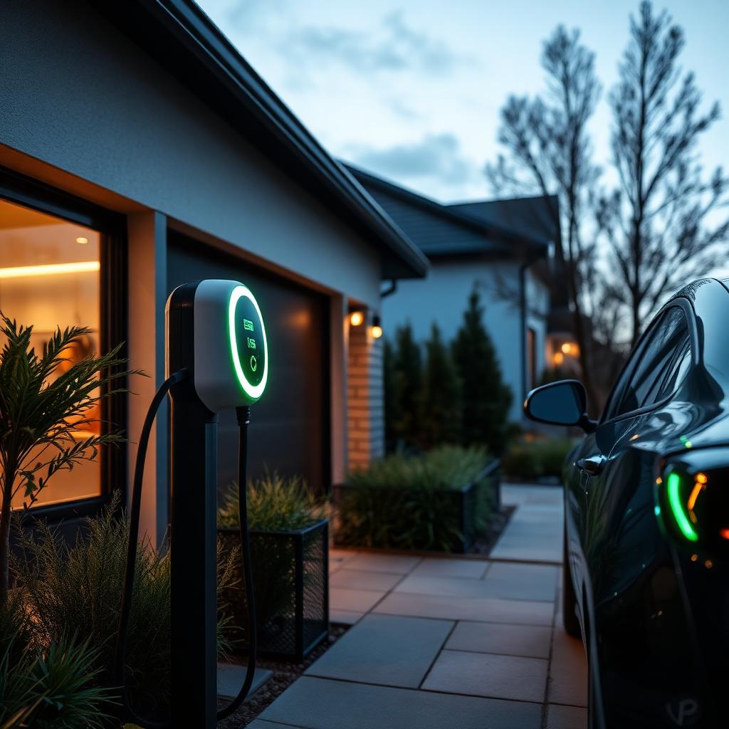 Electric vehicle charging at modern home garage with glowing indicator