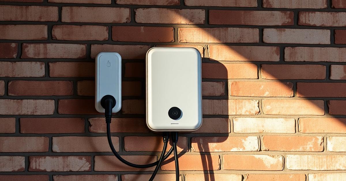 Wall-mounted home EV charging unit against brick wall