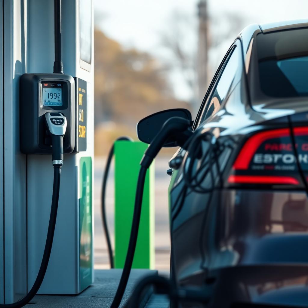 Electric car charging next to petrol station pump
