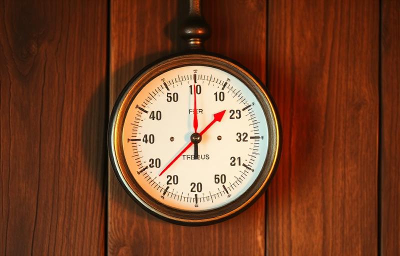 Vintage thermometer with Fahrenheit and Celsius scales on wood wall