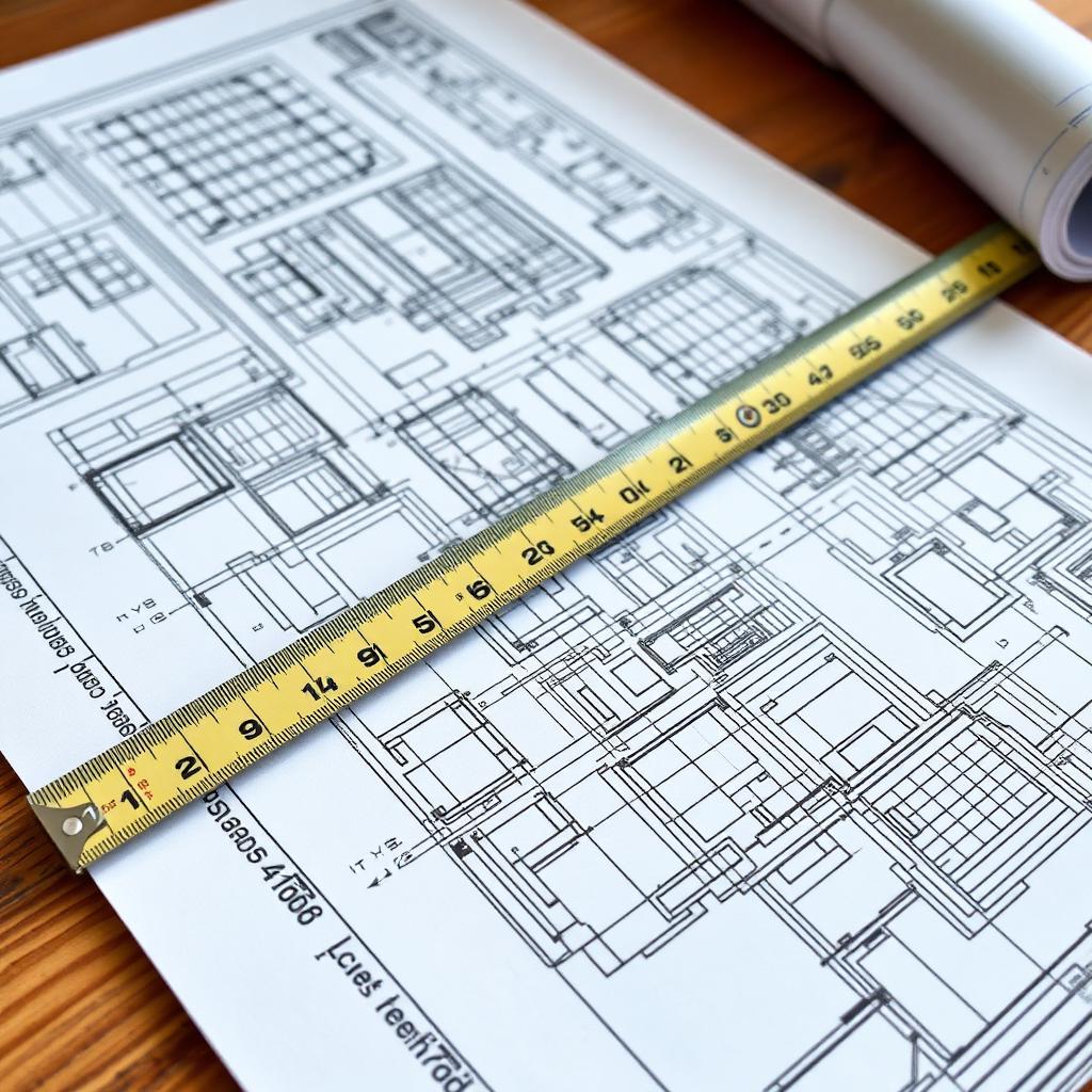 Architectural blueprints with measuring tape showing feet and meters on desk