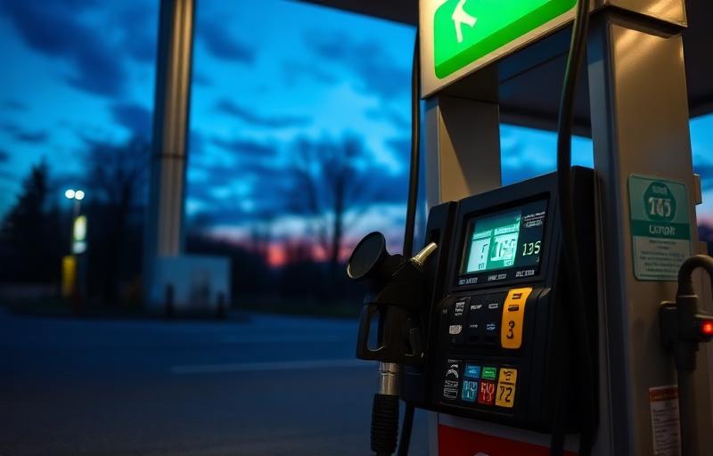 Gas station fuel pump with digital display at dusk