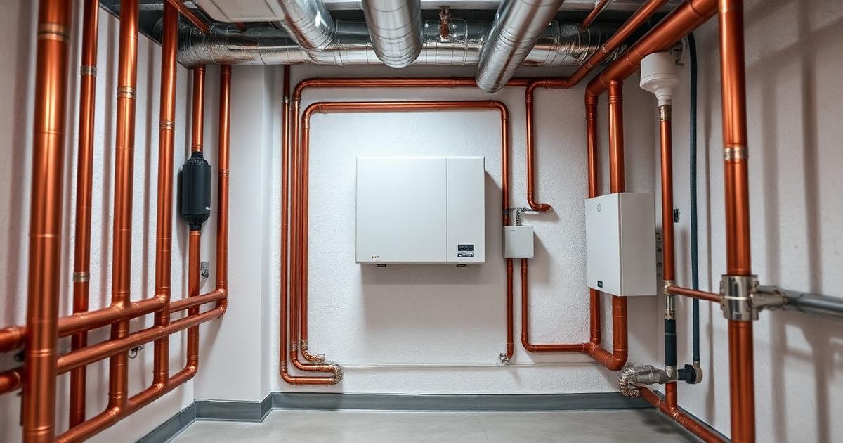 Boiler room with copper pipework and wall-mounted heat pump indoor unit
