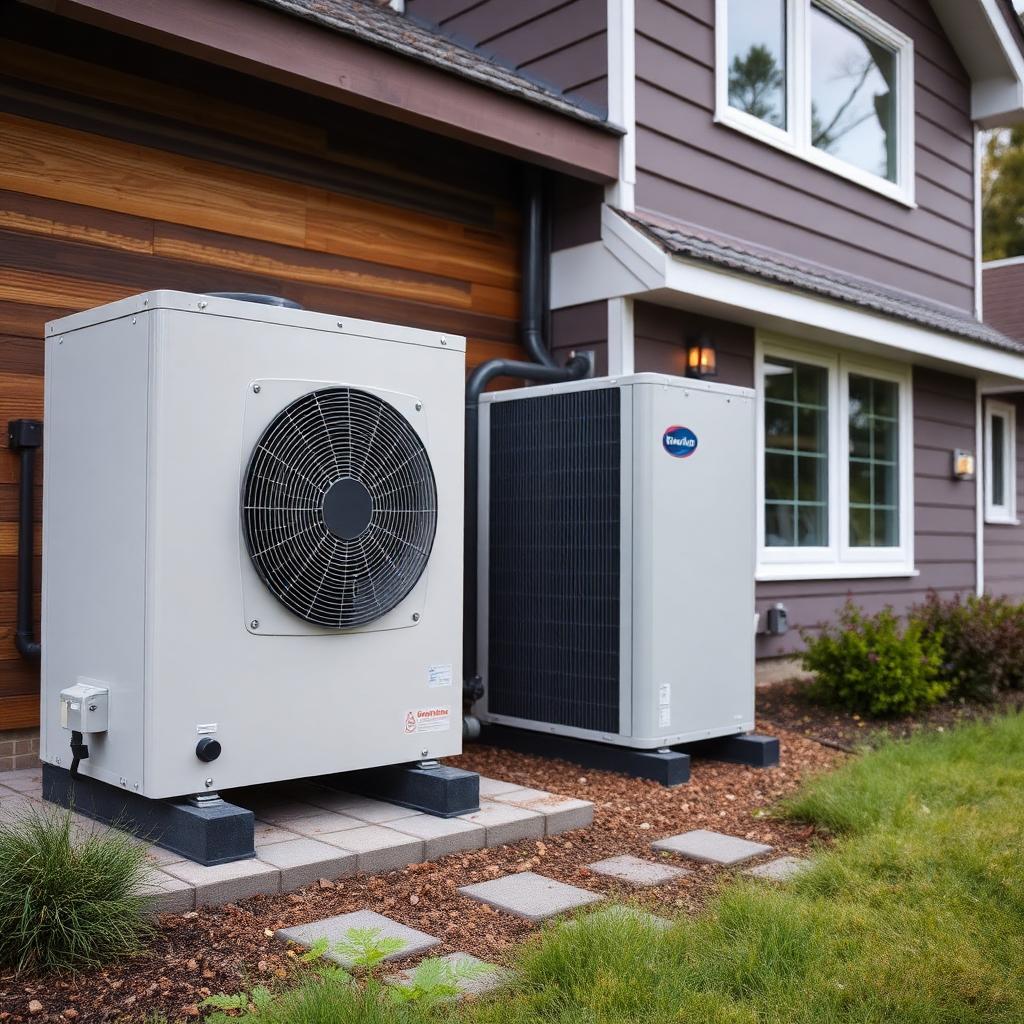 Modern heat pump unit next to residential home for sustainable heating