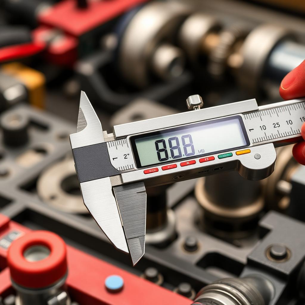Precision digital caliper measuring electronic component in workshop