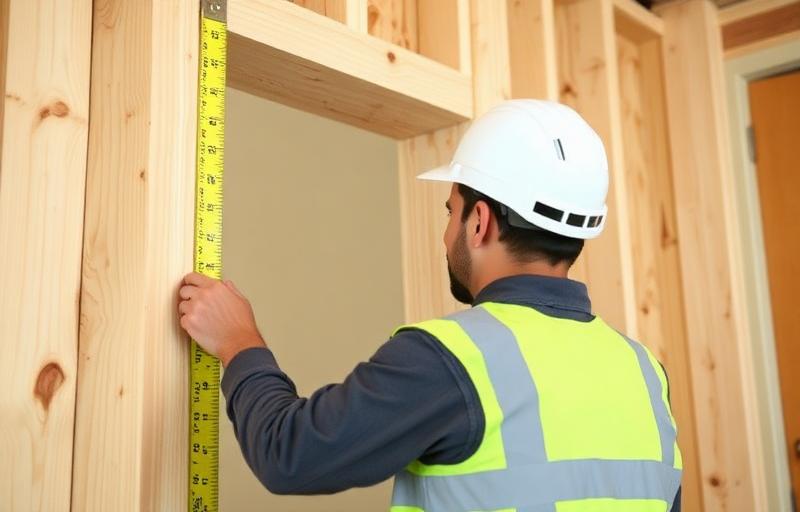 Construction worker measuring a door frame with a tape measure in feet and inches