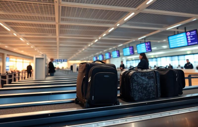 Luggage on airport baggage conveyor belt, travel bags being checked before an international flight