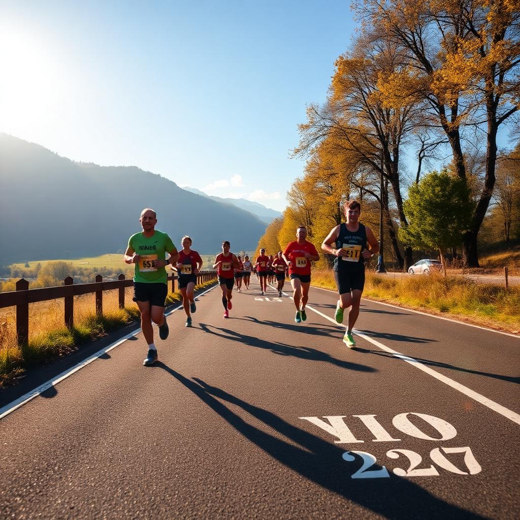 Marathon runners on scenic road with kilometer and mile markers