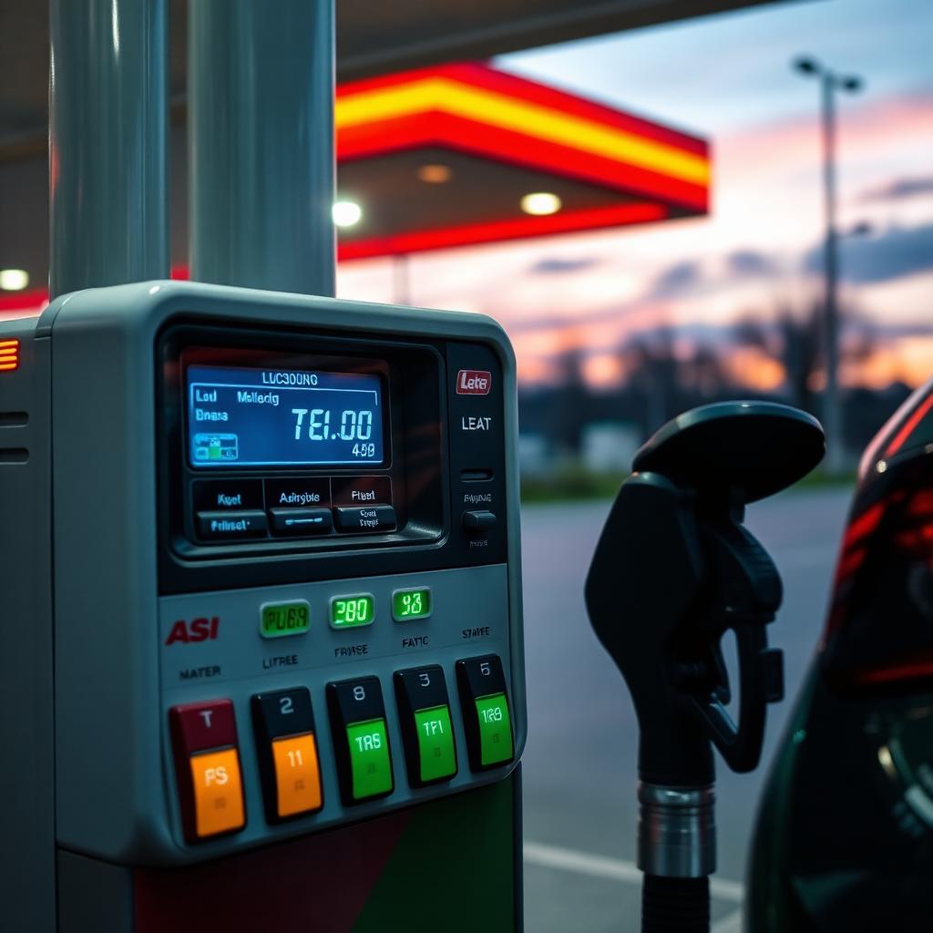 Fuel station with gasoline pump showing liters at dusk