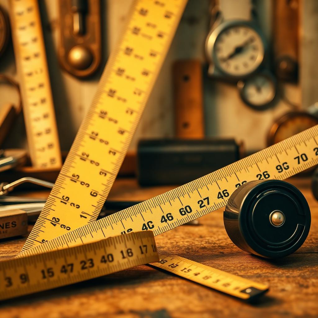 Vintage measuring rulers and tape measures showing inches and centimeters in workshop setting
