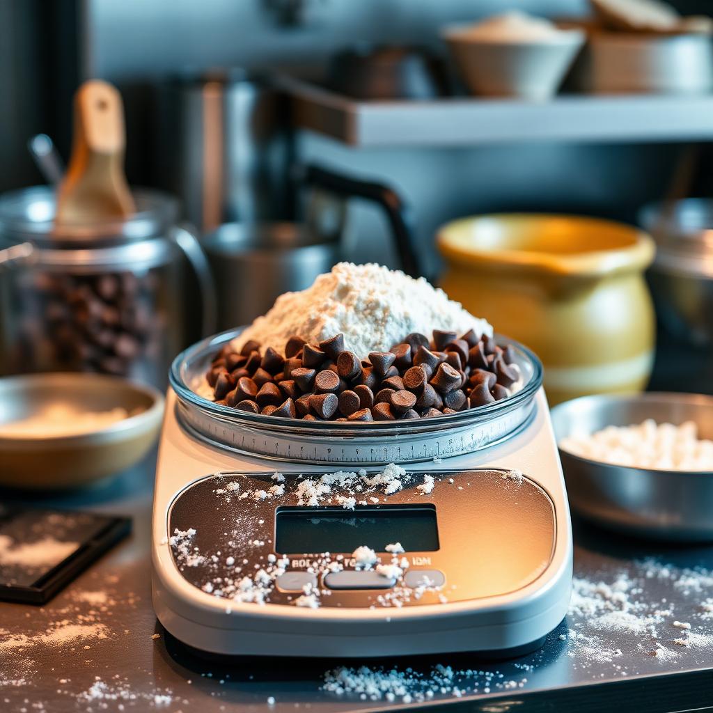 Precision baking scale with chocolate chips and flour in professional bakery