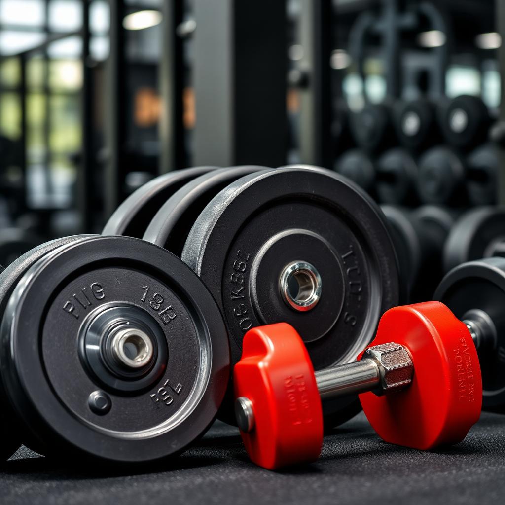 Gym setting with weight plates and dumbbells showing kilograms and pounds