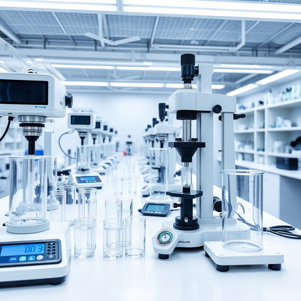 Scientific laboratory with precision measuring instruments and graduated cylinders