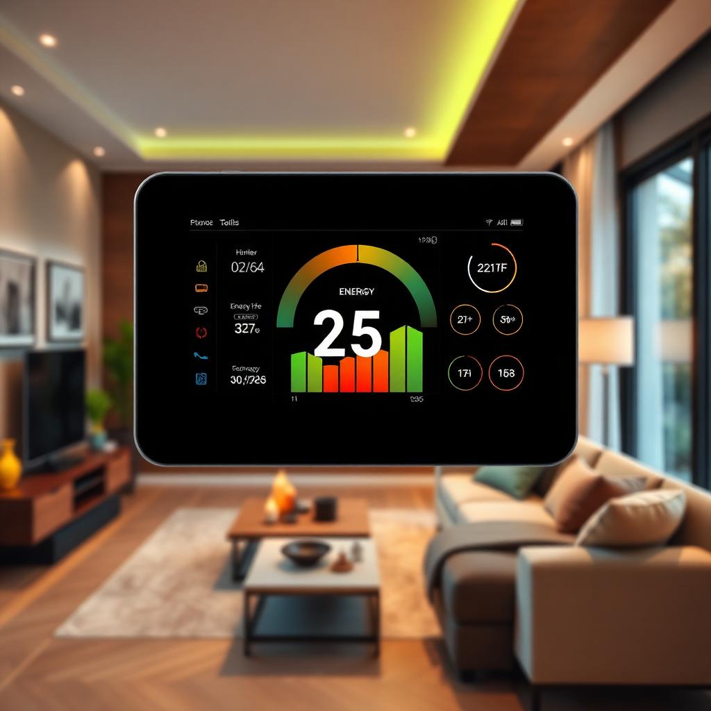 Smart home control panel with energy usage display in modern living room