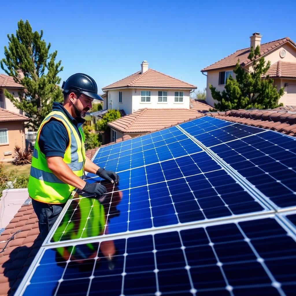 Solar panel installation on residential rooftop with technician inspecting panels