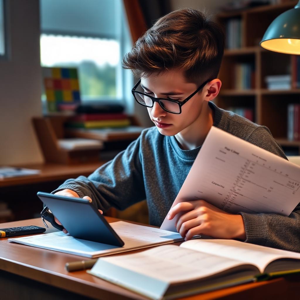 Student at desk with calculator, ruler, and physics textbook studying conversions