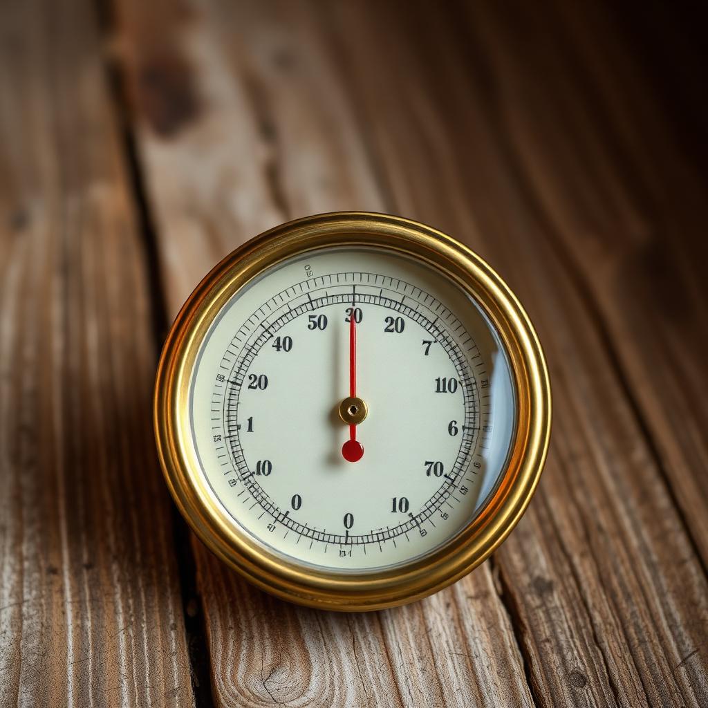 Antique brass thermometer showing Fahrenheit and Celsius scales on weathered wood