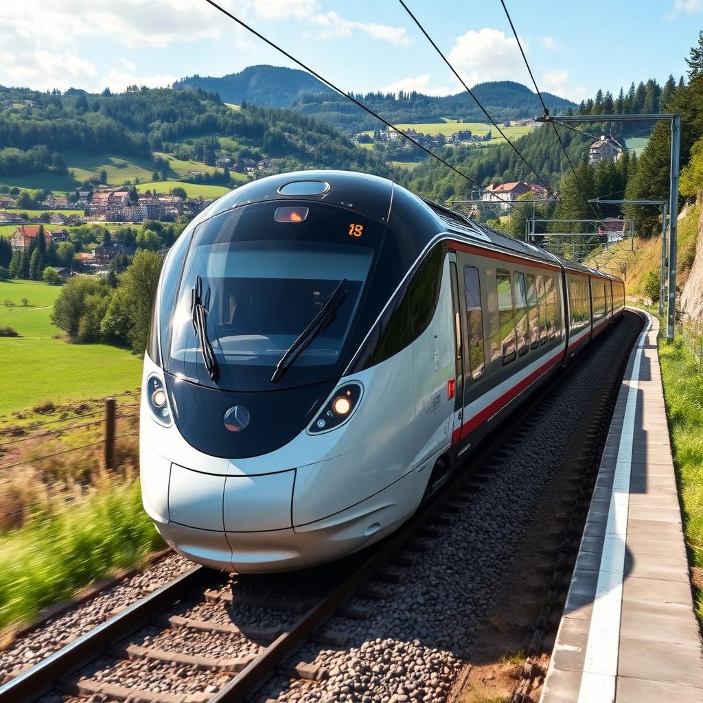 Modern train passing through scenic countryside representing sustainable transport