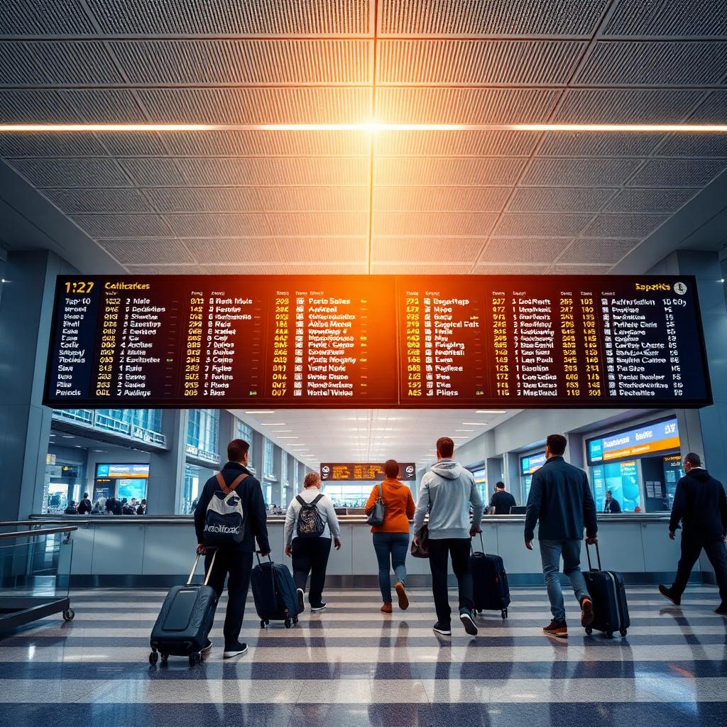 Airport departure board with international destinations and travelers with luggage