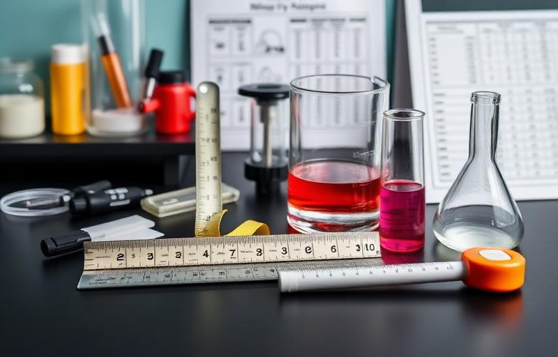 Scientific measuring instruments on laboratory desk with conversion chart