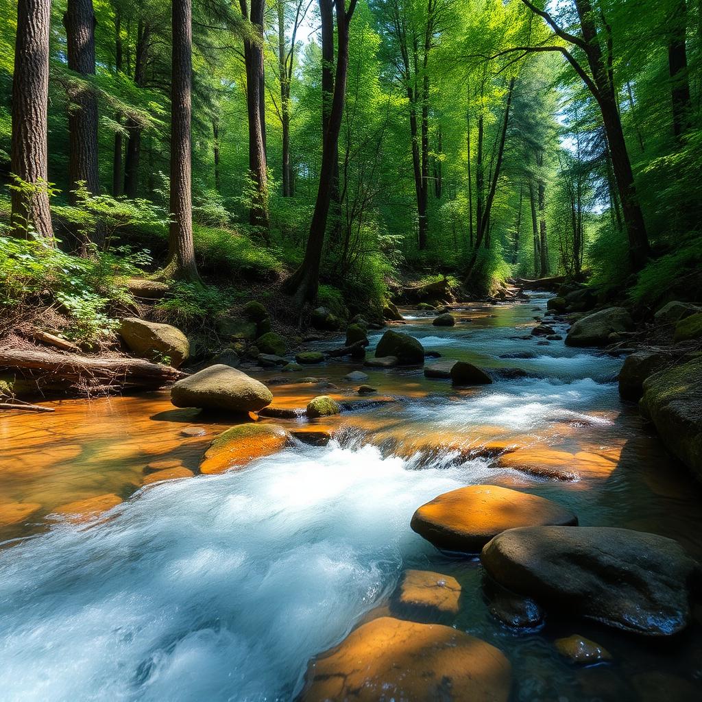 Fresh water stream flowing through forest representing water conservation