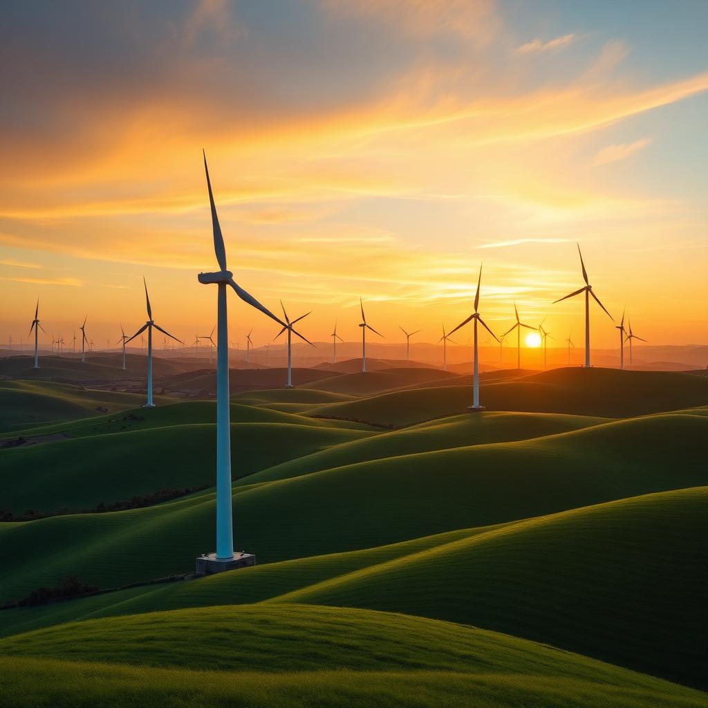 Wind turbines on rolling green hills at sunset